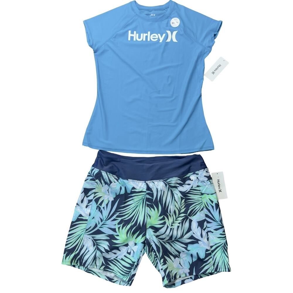 Hurley 2 Piece Rash Guard Swim Set Women’s Large NWT Tropical Shorts